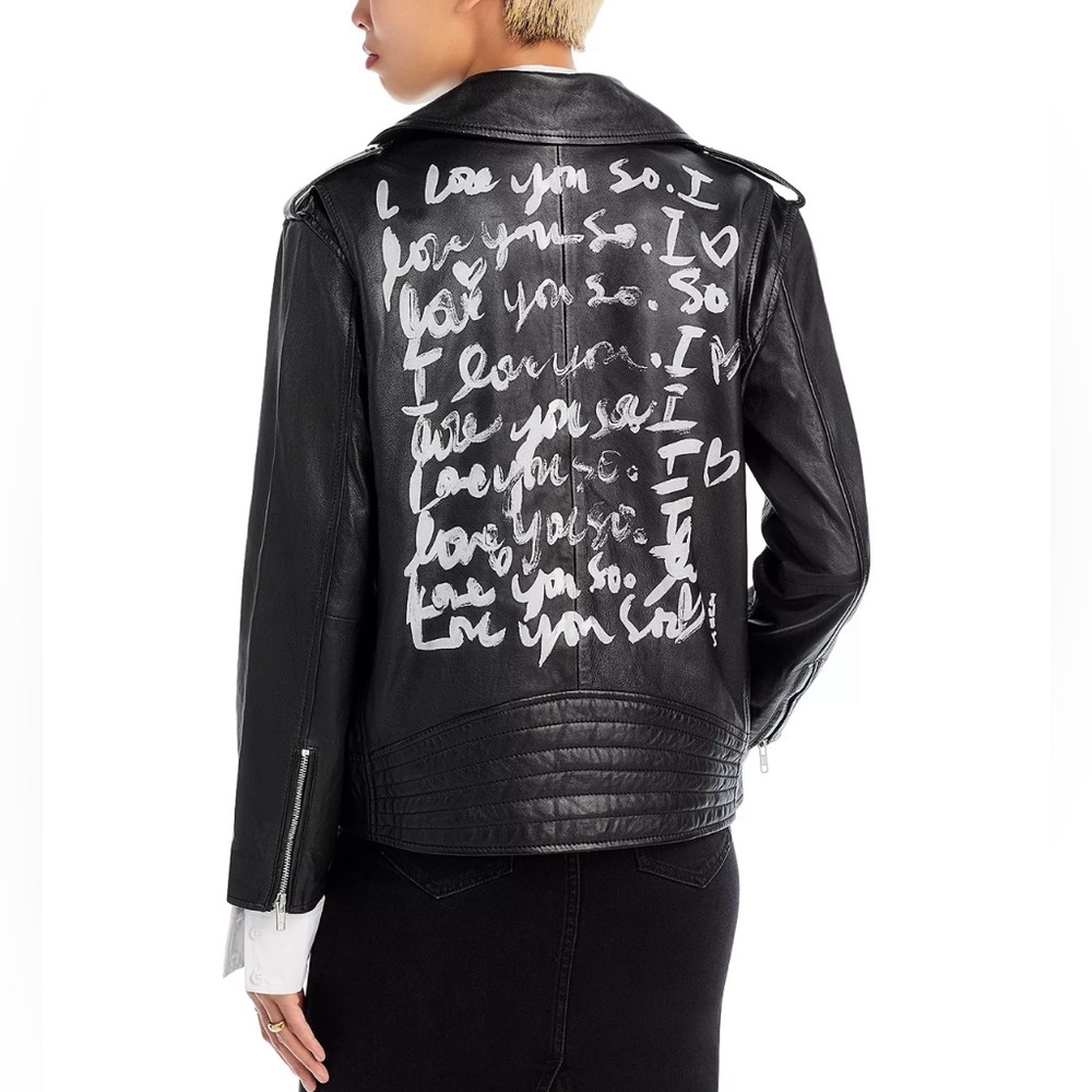 AQUA X Kerri Rosenthal Graffiti Black Leather Moto Jacket Women’s S
